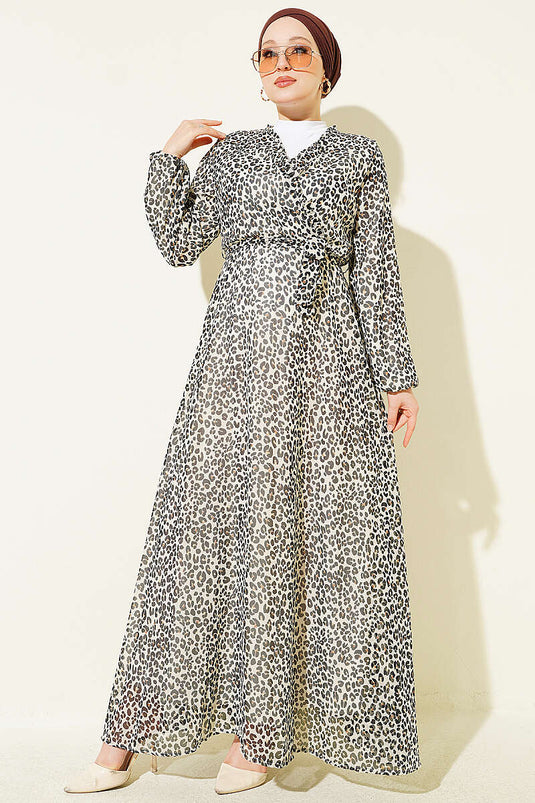 Robe À Col Croisé À Motif Léopard Écru