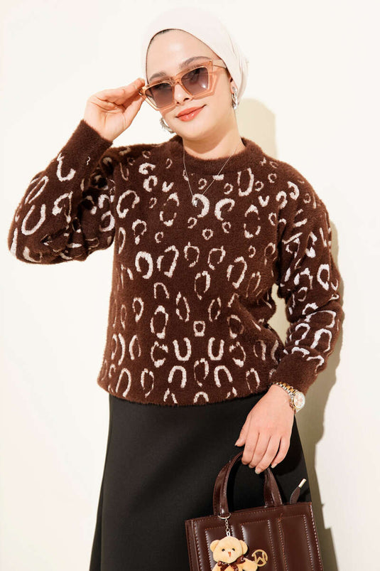 Leopar Desenli Sakallı Kazak Kahve Ekru