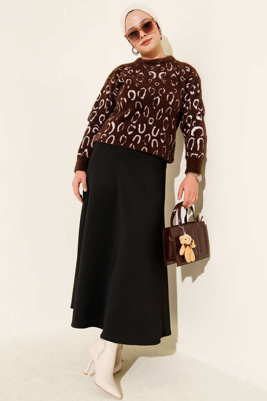 Leopar Desenli Sakallı Kazak Kahve Ekru