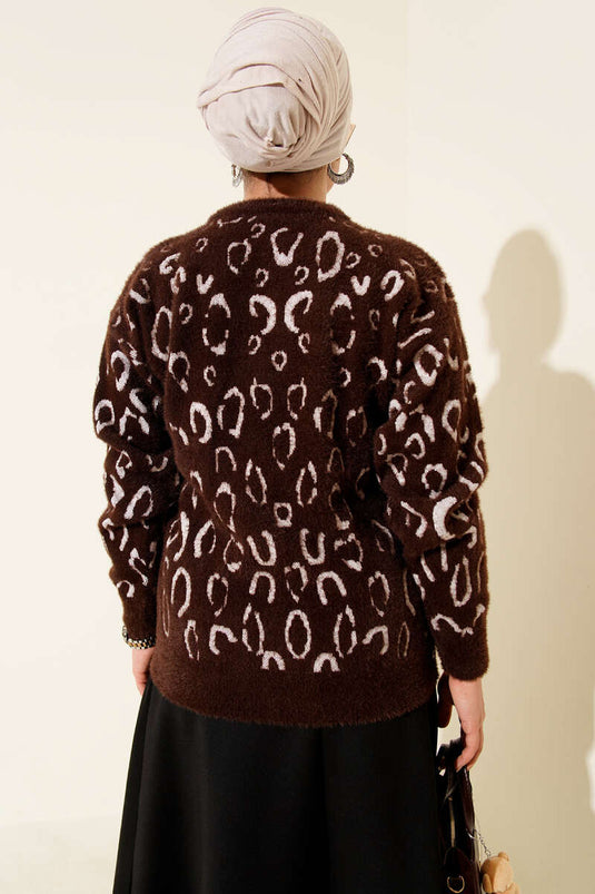 Leopar Desenli Sakallı Kazak Kahve Ekru