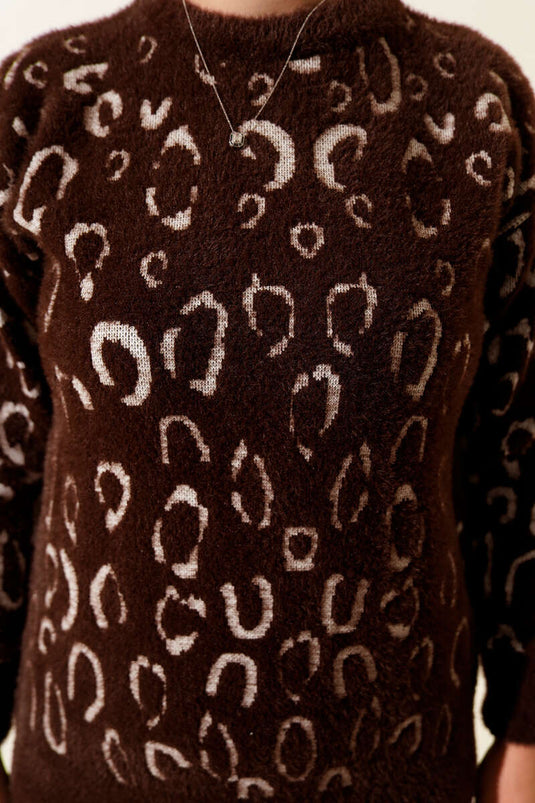 Leopar Desenli Sakallı Kazak Kahve Ekru