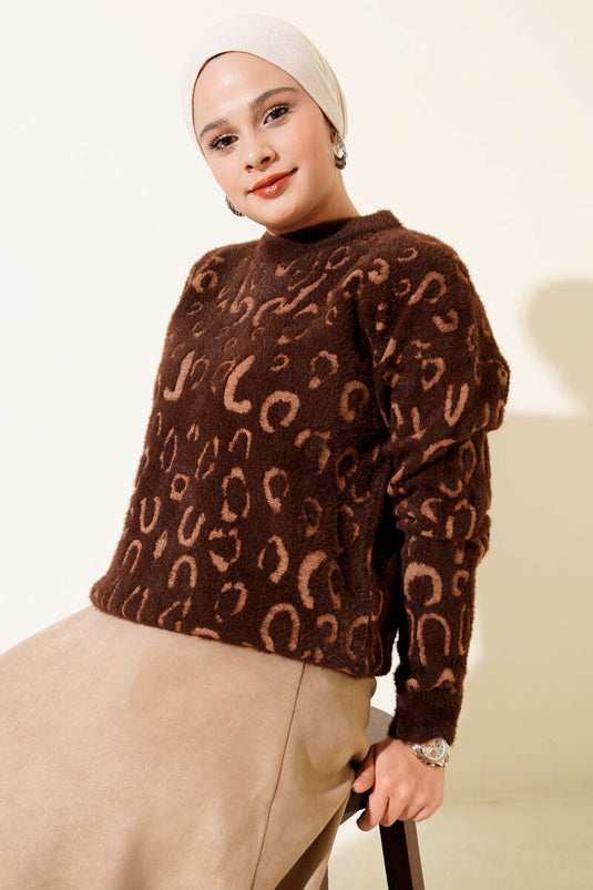 Leopar Desenli Sakallı Kazak Kahve Latte