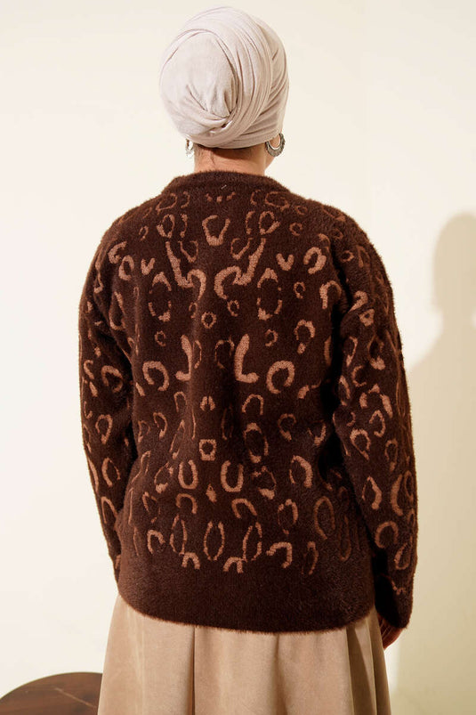 Leopar Desenli Sakallı Kazak Kahve Latte