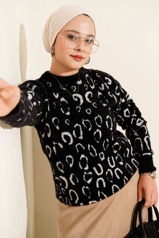 Leopar Desenli Sakallı Kazak Siyah Beyaz