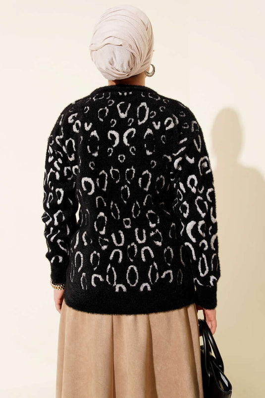 Leopar Desenli Sakallı Kazak Siyah Beyaz