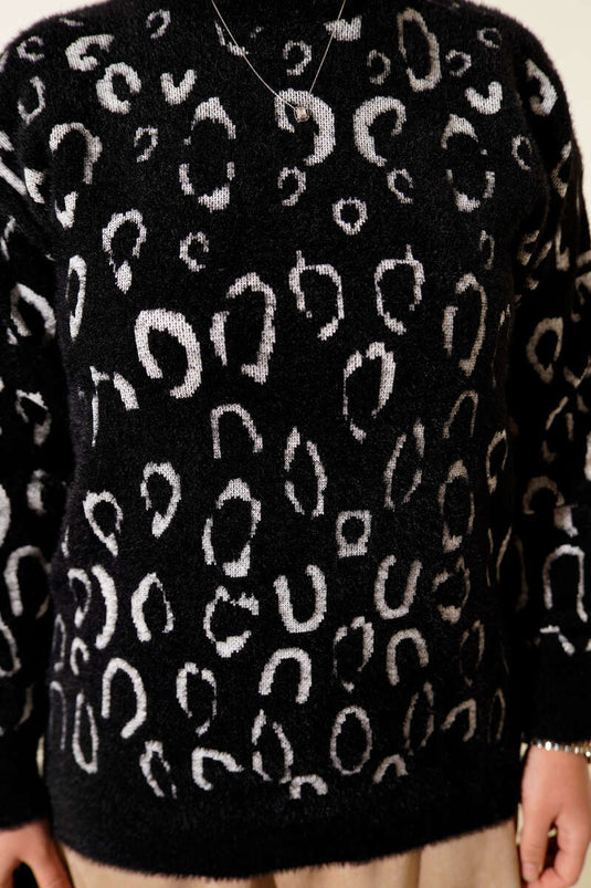 Leopar Desenli Sakallı Kazak Siyah Beyaz