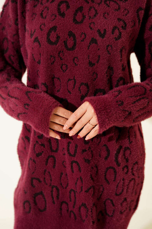 Leopar Desenli Sakallı Tunik Magenta