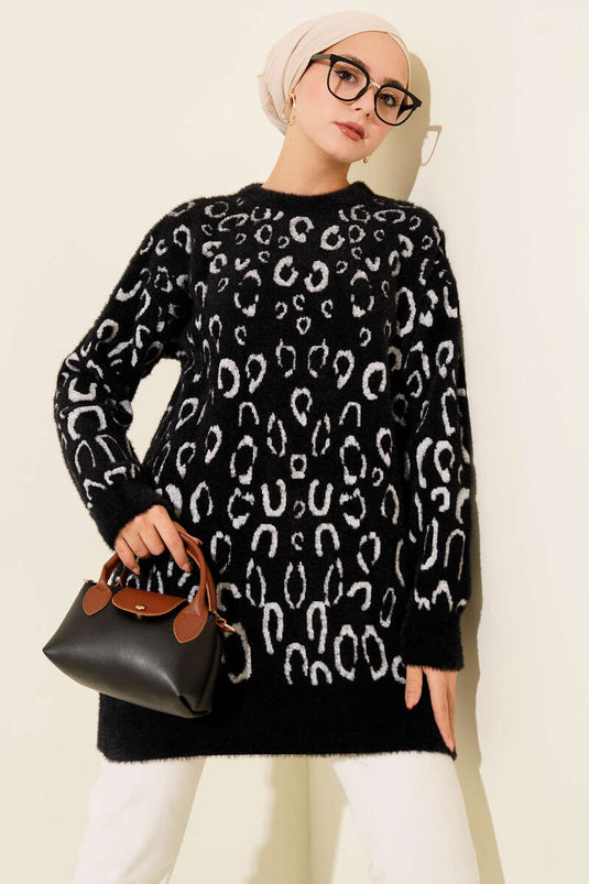 Bärtige Tunika mit Leopardenmuster, Schwarz und Weiß