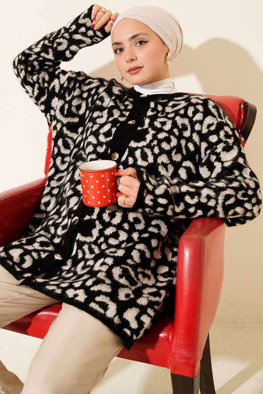 Beige gebreide cardigan met luipaardmotief