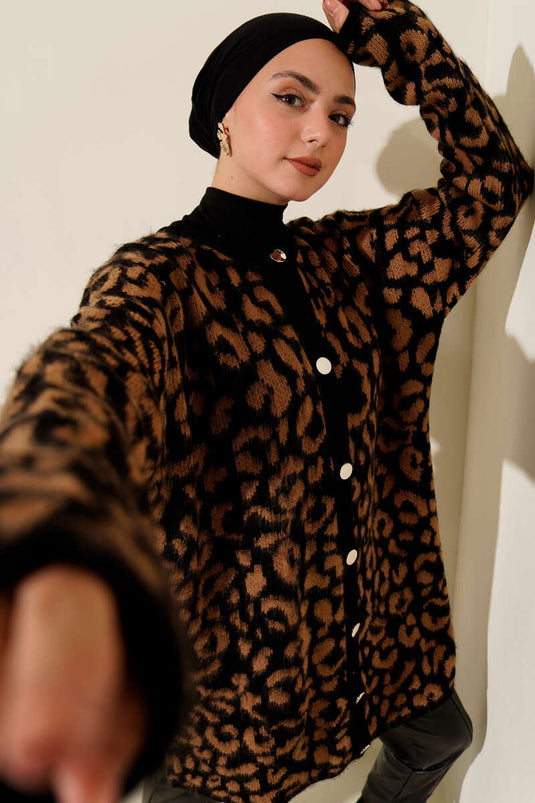 Cardigan en maille à motif léopard Latte