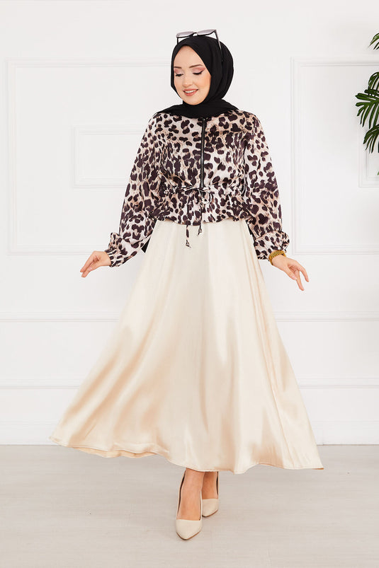 Leopard Patterned Hijab Satin Suit Beige