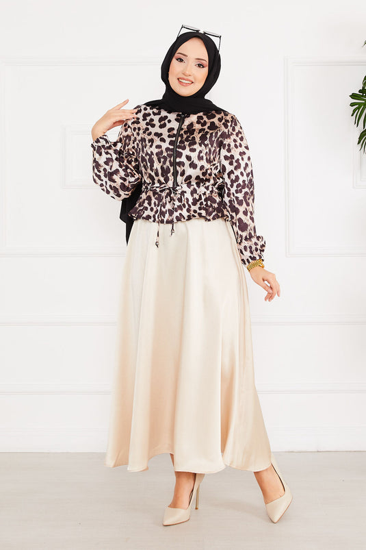 Leopar Desenli Tesettür Saten Takım Bej