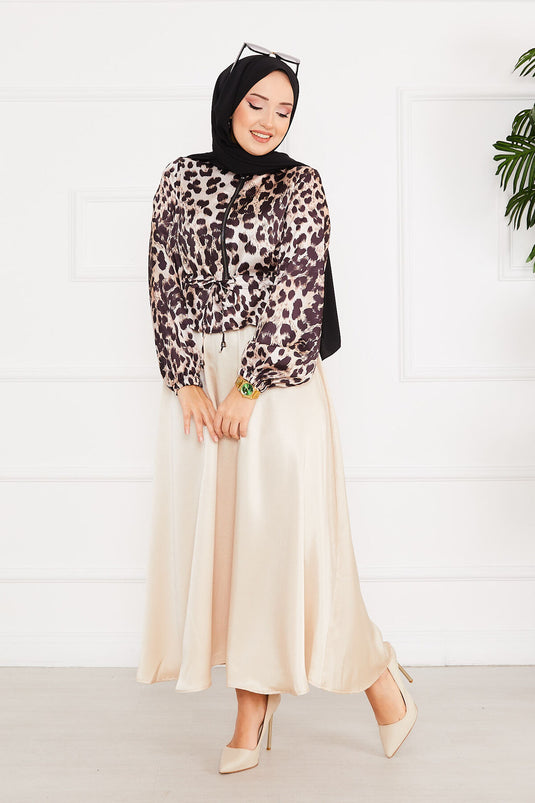 Leopard Patterned Hijab Satin Suit Beige