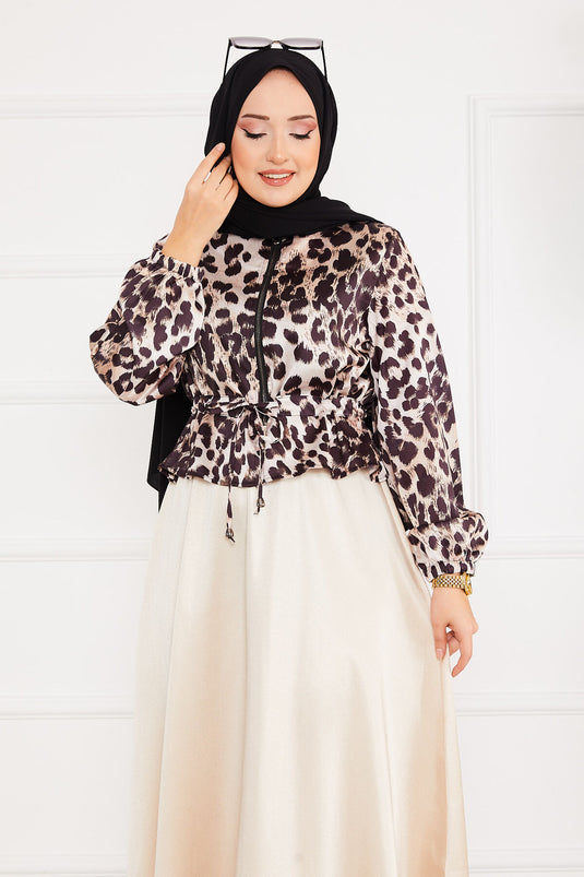 Leopar Desenli Tesettür Saten Takım Bej