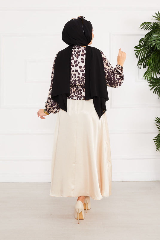 Leopard Patterned Hijab Satin Suit Beige