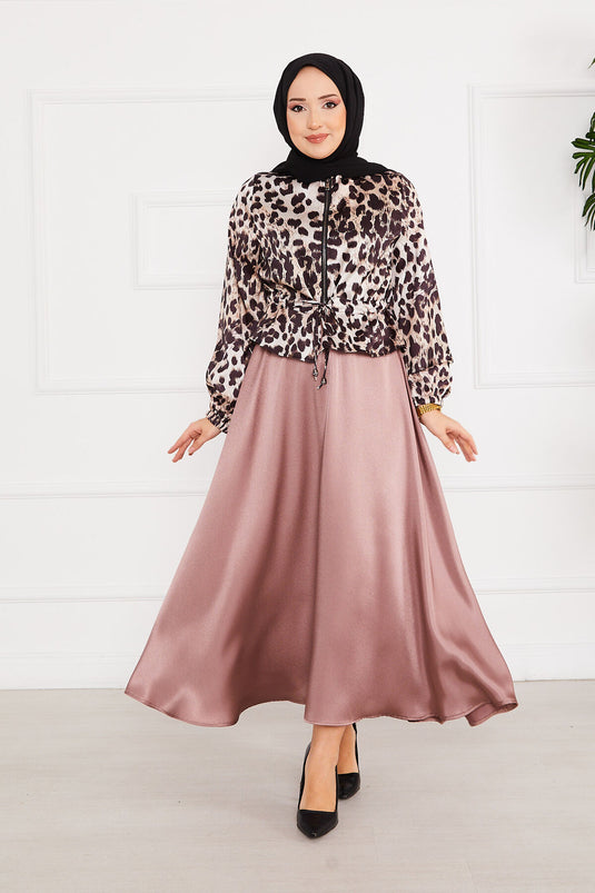 Leopard Print Modest Satin Set Rose Pink