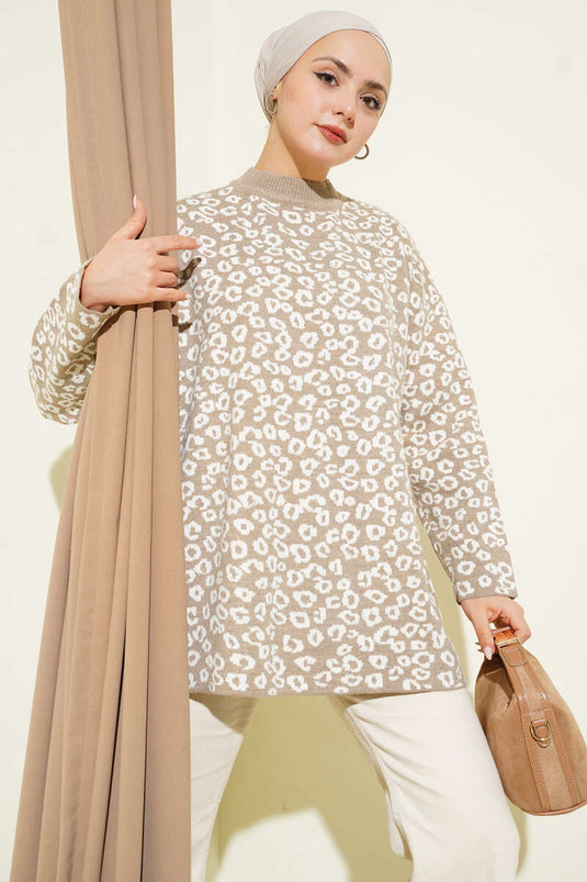 Leopar Desenli Triko Tunik Bej