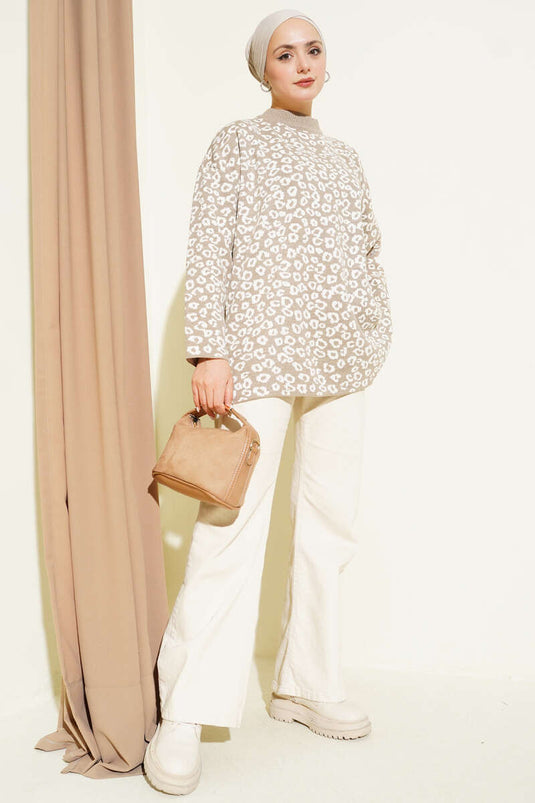 Leopar Desenli Triko Tunik Bej