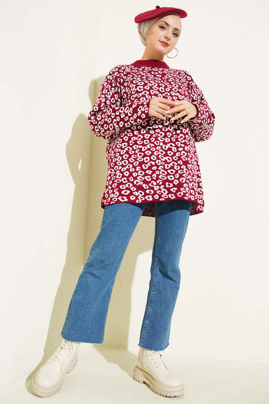 Tunique en tricot à motif léopard bordeaux