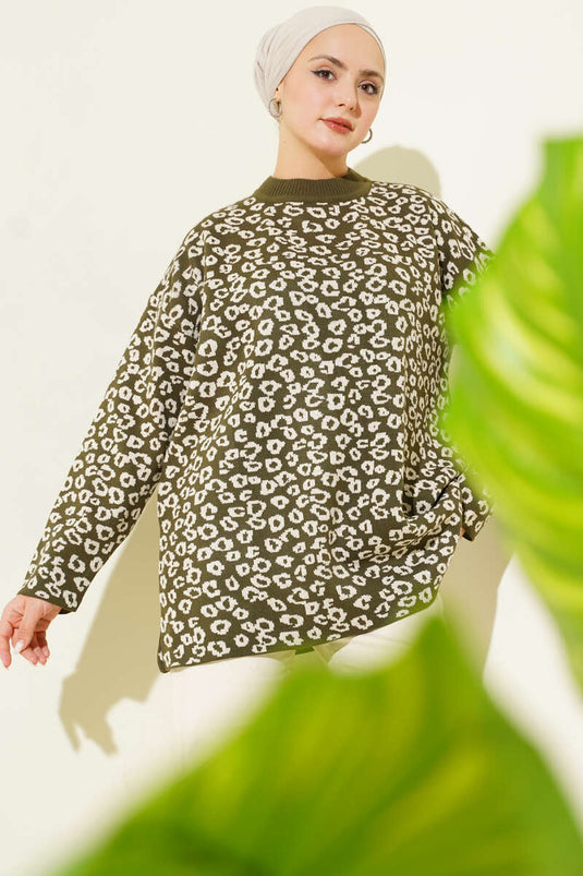 Leopar Desenli Triko Tunik Haki