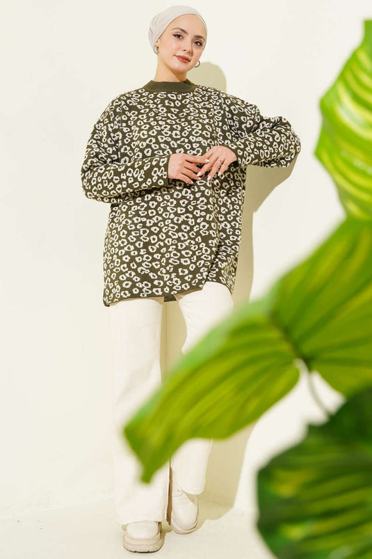 Leopar Desenli Triko Tunik Haki