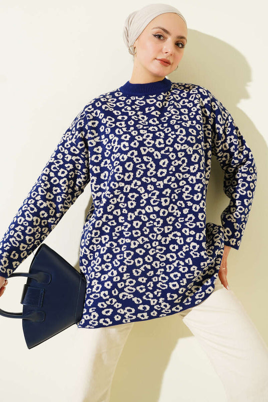 Tunique en tricot à motif léopard bleu marine