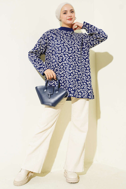 Tunique en tricot à motif léopard bleu marine