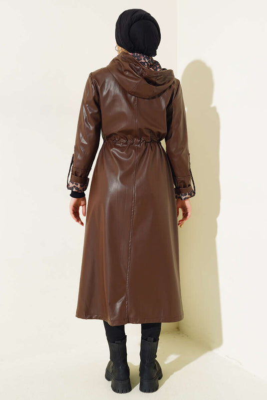 Trench-Coat Long En Cuir À Capuche Détail Léopard Marron