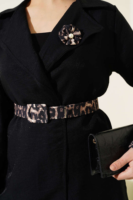 Costume deux pièces ceinturé à détails léopard noir