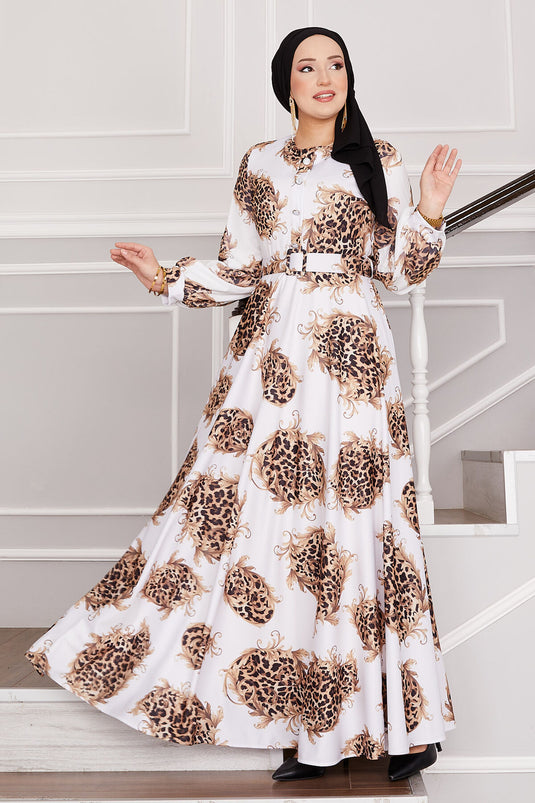Leopard Detailed Modest Dress White