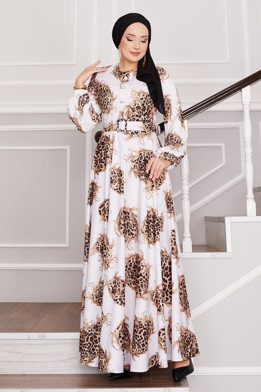 Leopard Detailed Modest Dress White