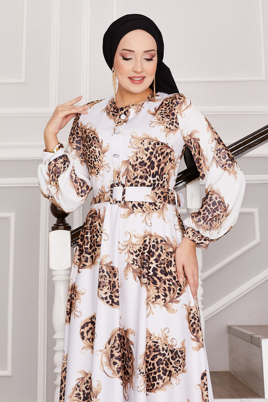 Leopard Detailed Modest Dress White