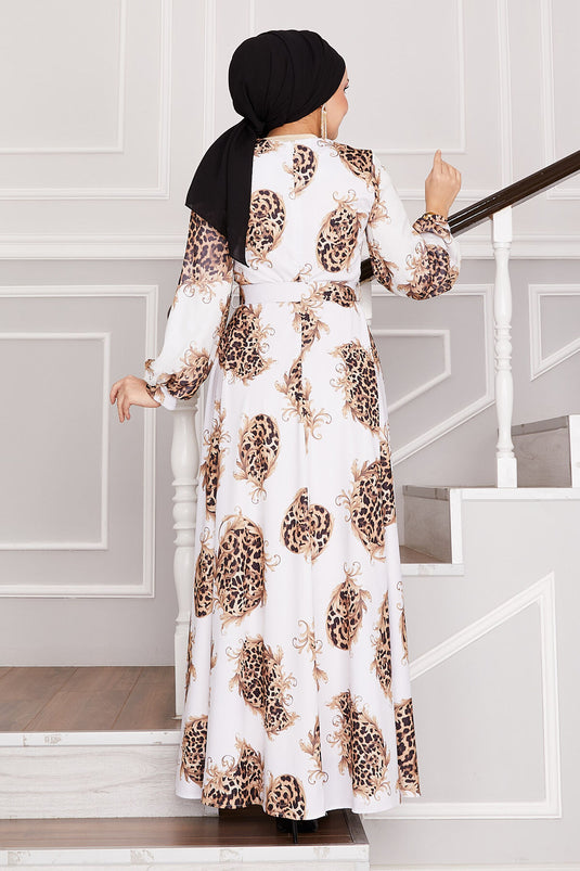 Leopard Detailed Modest Dress White