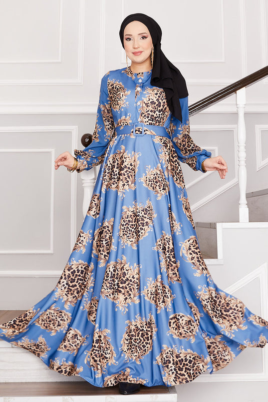 Leopard Detailed Modest Dress Indigo