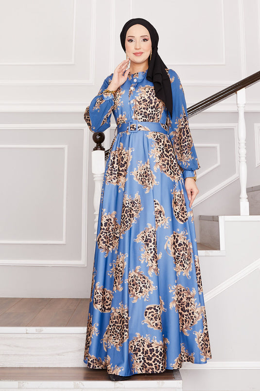 Leopard Detailed Modest Dress Indigo