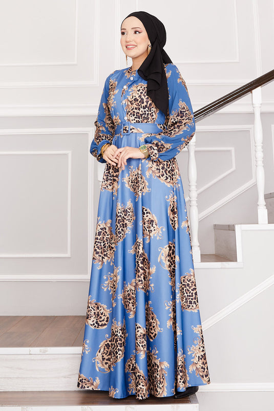 Leopard Detailed Modest Dress Indigo