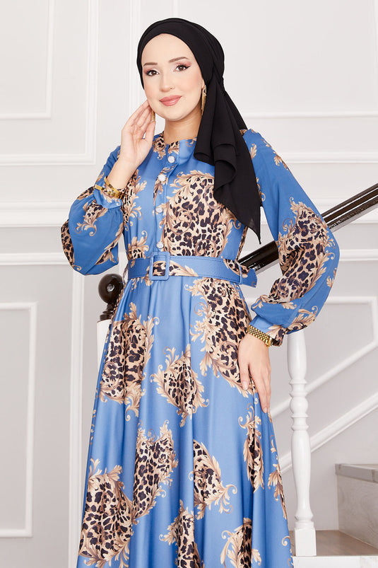 Leopard Detailed Modest Dress Indigo