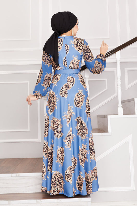 Leopard Detailed Modest Dress Indigo