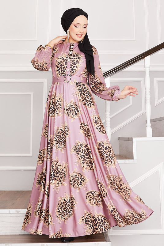 Leopard Detailed Modest Dress Rose Pink