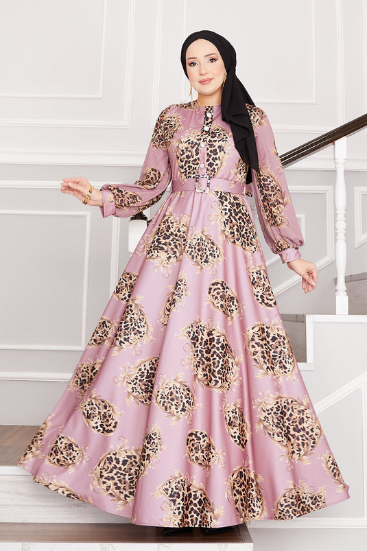 Leopard Detailed Modest Dress Rose Pink