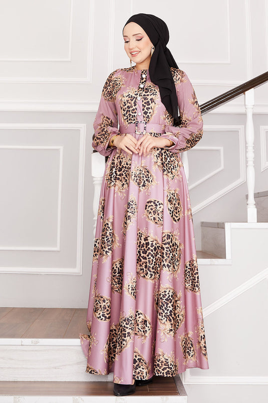 Leopard Detailed Modest Dress Rose Pink
