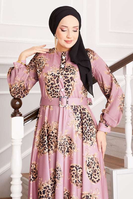 Leopard Detailed Modest Dress Rose Pink