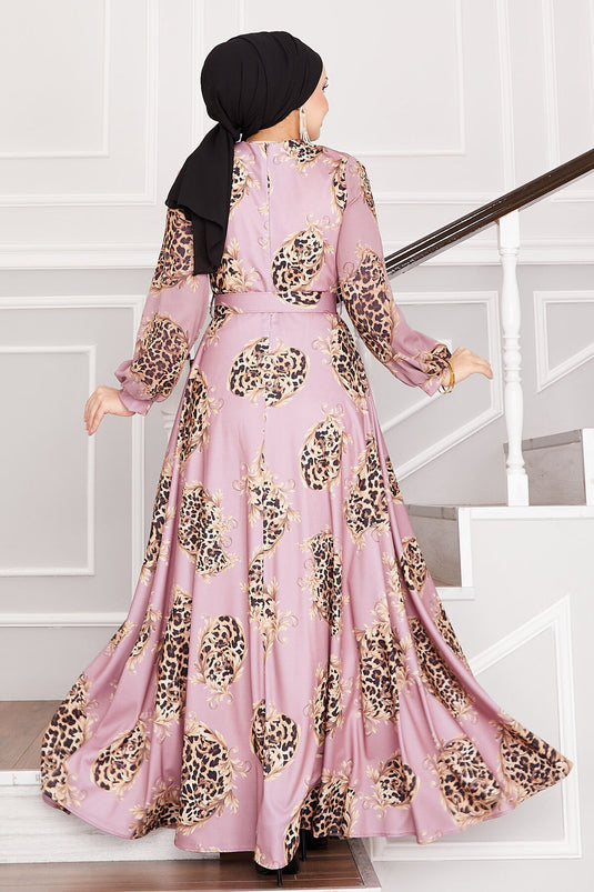 Leopard Detailed Modest Dress Rose Pink