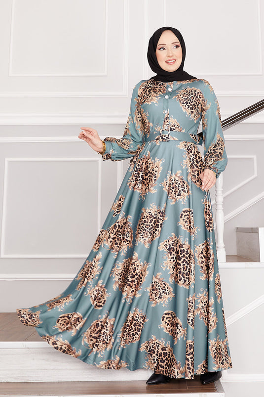 Leopard Detailed Hijab Dress Mint