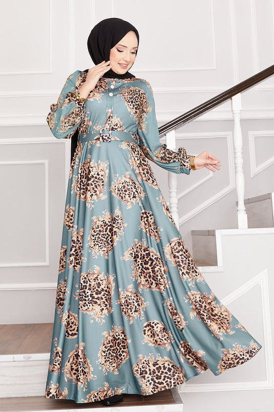 Leopard Detailed Hijab Dress Mint