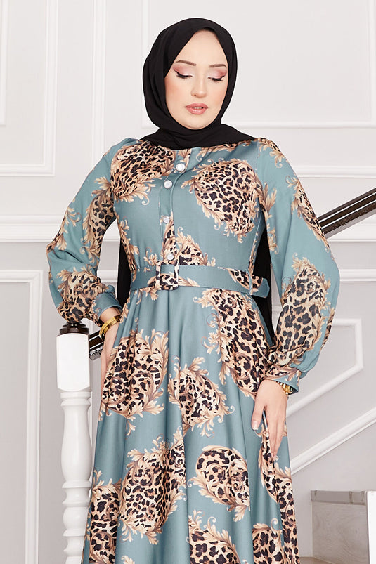 Leopard Detailed Hijab Dress Mint