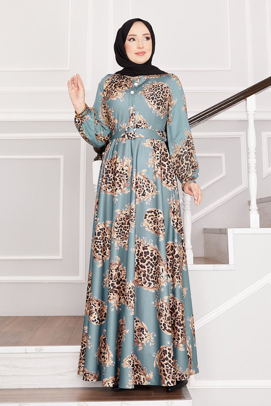 Leopard Detailed Hijab Dress Mint