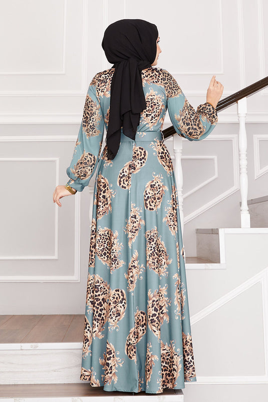 Leopard Detailed Hijab Dress Mint
