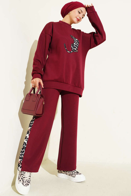 Leopar Figürlü Scuba İkili Takım Bordo