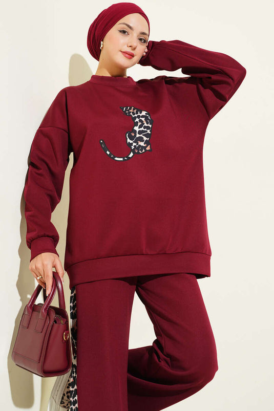 Leopar Figürlü Scuba İkili Takım Bordo